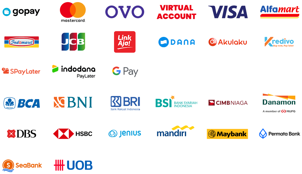 Payment methods: GoPay, OVO, DANA, Visa, Mastercard, BCA, BNI, BRI, Mandiri and more